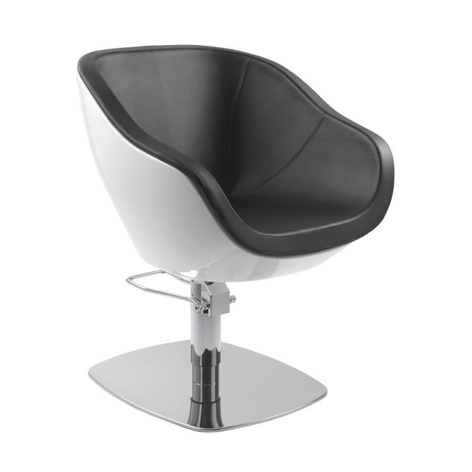 Siège de coiffure rond en fibre de verre blanc et assise en mousse et pvc noir, pied carré en métal brillant