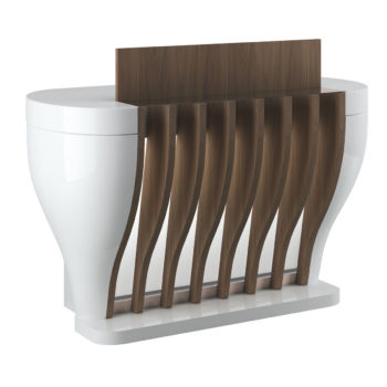 Réception caisse formes rondes en bois laqué blanc et finitions bois stratifié, éclairage LED intégré