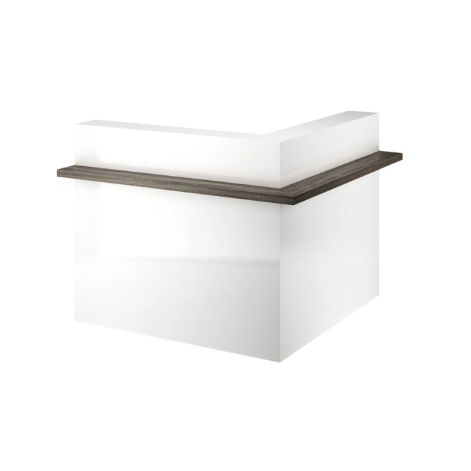 Meuble caisse d'angle avec rangements et finitions en bois laqué blanc et naturel avec éclairage LED