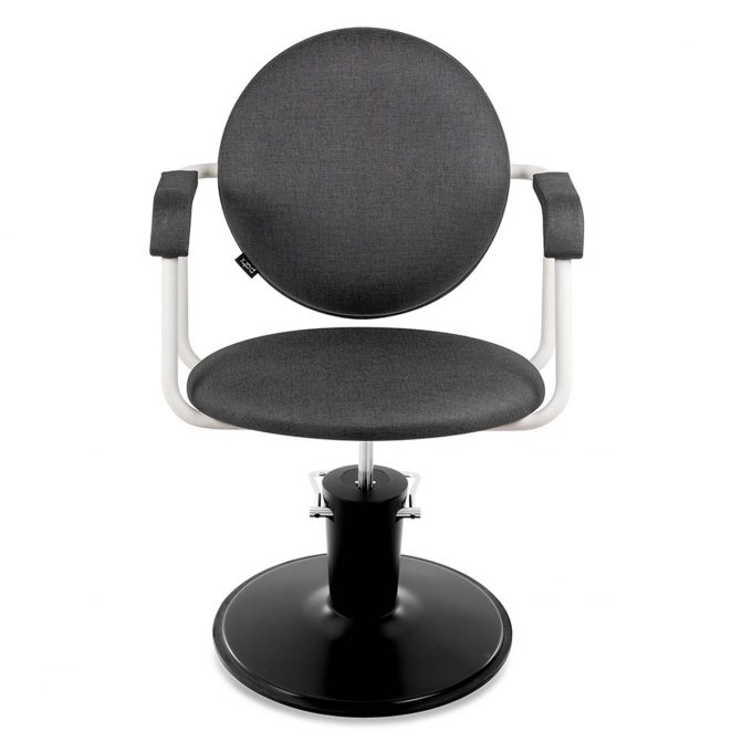 fauteuil de coiffure originale avec dossier et assire ronde, structure en métal noir ou blanc, pied aux choix