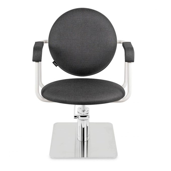 fauteuil de coiffure originale avec dossier et assire ronde, structure en métal noir ou blanc, pied aux choix