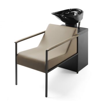 Bac de lavage en stratifié bois et structure en métal noir avec rangement et accoudoirs rembourrés