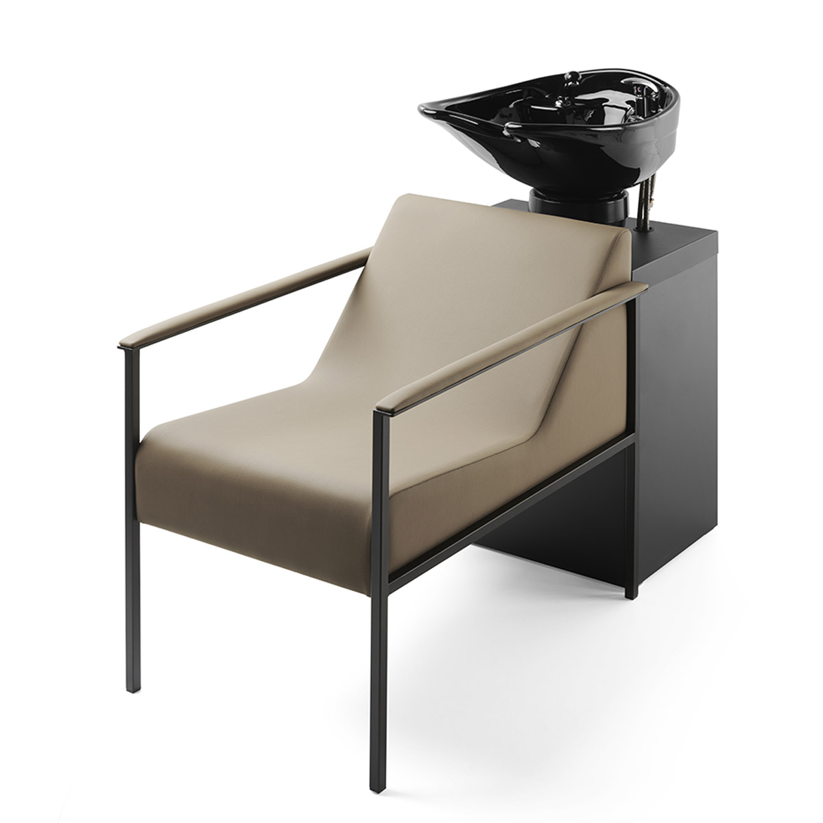 Bac de lavage en stratifié bois et structure en métal noir avec rangement et accoudoirs rembourrés