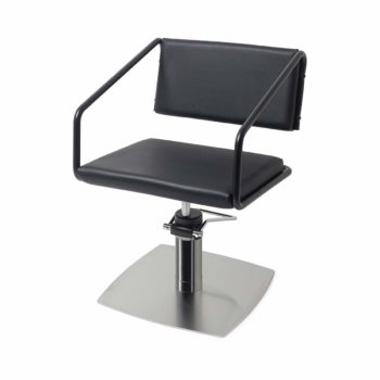 Fauteuil de salon de coiffure structure en acier noir avec assise en similicuir et pied en métal brillant