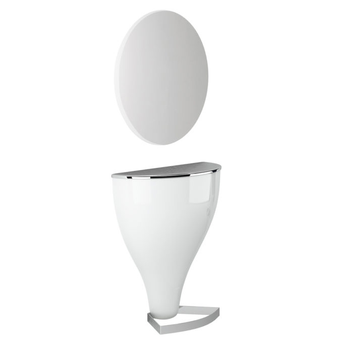 Poste de coiffeur grand miroir rond, éclairage LED en option, structure laqué blanc avec pieds en métal brillant