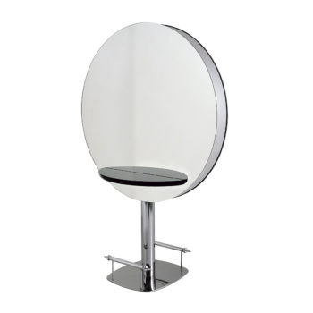 Grand miroir rond de coiffure deux places, avec 2 tablettes en bois laqué, 2 repose pieds sur une structure métallique brillante