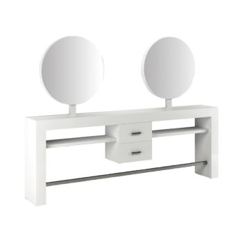 Coiffeuse 2 places miroirs ronds sur structure en bois stratifié blanc avec 2 tiroirs et repose-pieds en acier