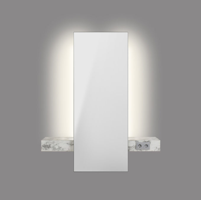 Miroir de coiffeur mural avec éclairage LED et structure en stratifié effet marbre blanc