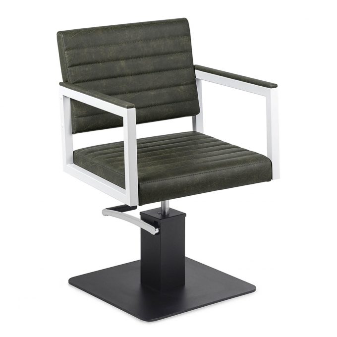 fauteuil de coiffure avec structure blanche et base carré noire kube, pompe hydraulique