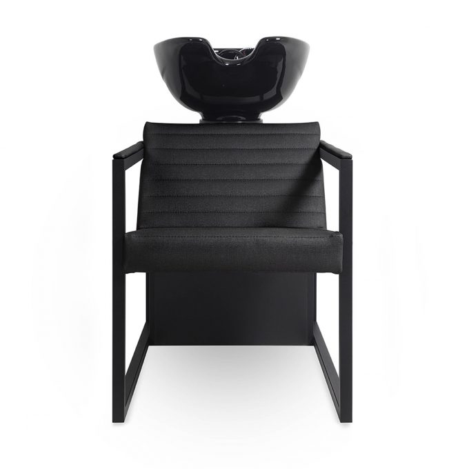Bac de lavage avec structure en métal noir, assise avec finition de similicuir ou texture aux choix, vasque en céramique noire ou blanche tout équipée