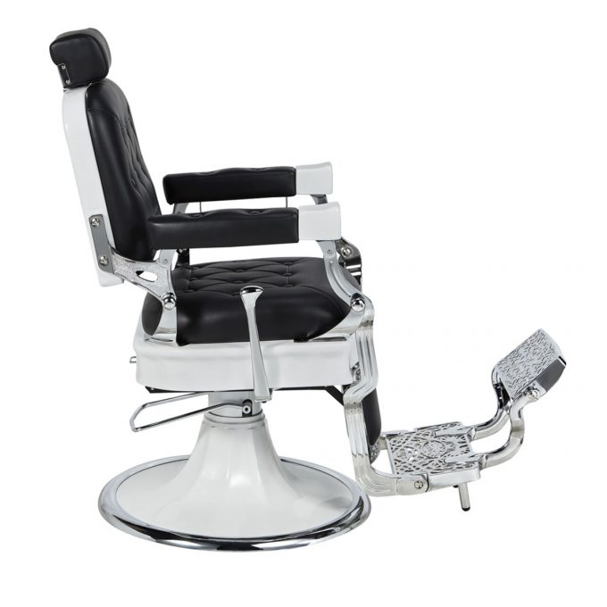 fauteuil retro barbier structure en métal blanc avec revêtement en similicuir noir