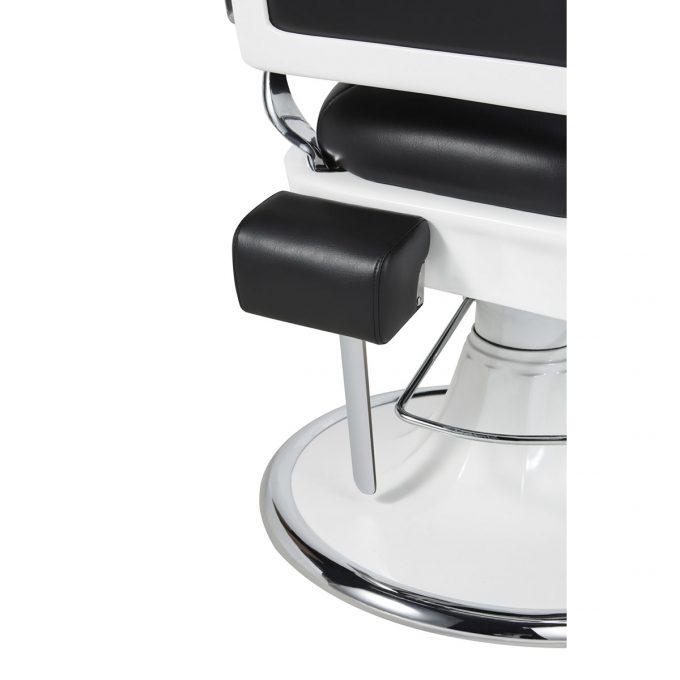fauteuil retro barbier structure en métal blanc avec revêtement en similicuir noir
