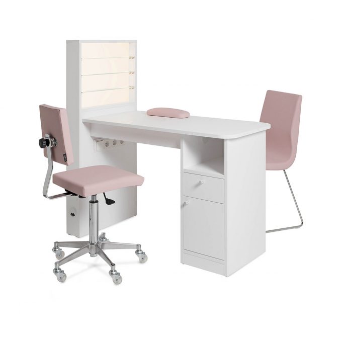 Table de manucure avec étagères en verre éclairages LED pour vernis, tiroir, placard