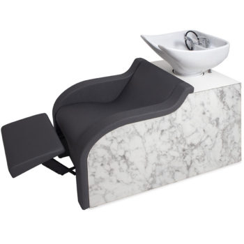 Bac à shampoing avec repose-jambes avec vasque en céramique blanche, structure en effet marbre blanc et revêtement en skai noir