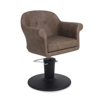 siège de coiffeur marron avec assise large et confortable et pied en métal noir mate et pompe hydraulique