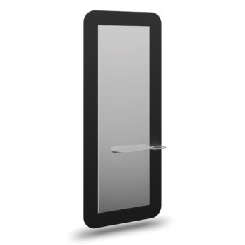 Coiffeuse contours arrondis noir avec grand miroir et tablette avec porte sèche cheveux intégré