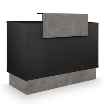 Meuble caisse avec tiroir caisse à clé, tablette extractible pour clavier, étagère de rangement, finitions bois noir et effet beton ciré gris