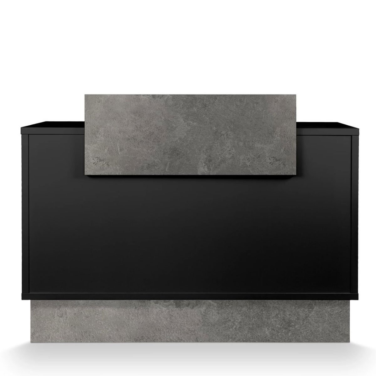 Meuble caisse avec tiroir caisse à clé, tablette extractible pour clavier, étagère de rangement, finitions bois noir et effet beton ciré gris