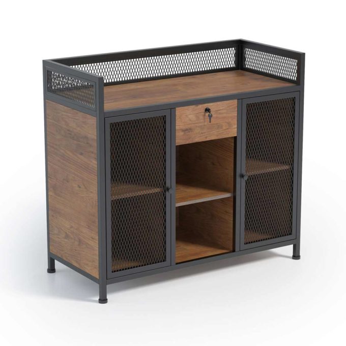 meuble caisse et accueil en bois brut et métal maille noire avec rangements tiroirs