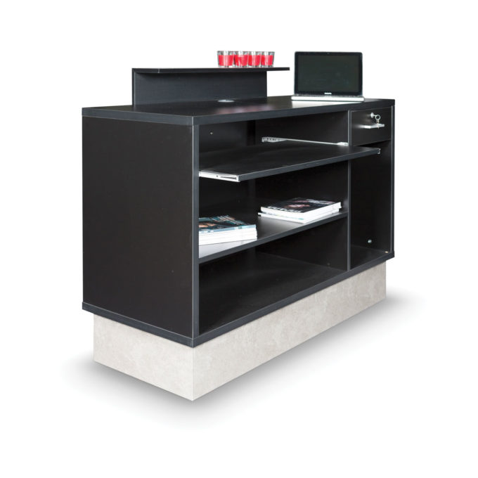 meuble caisse avec tiroir à clés, tablette pour pc, étagère de rangement noir et marbre