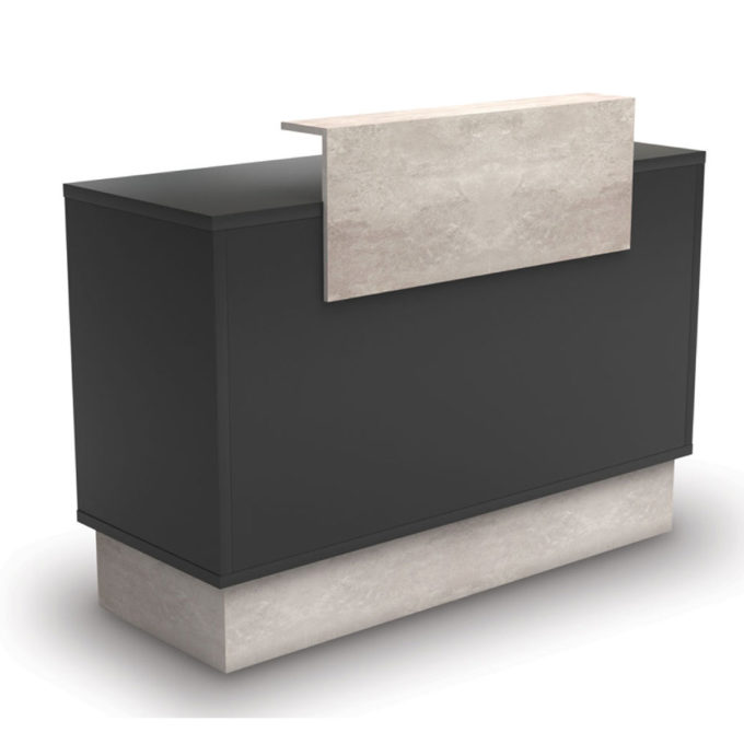 Meuble caisse avec tiroir caisse à clé, tablette extractible pour clavier, étagère de rangement, finitions bois noir et effet marbre