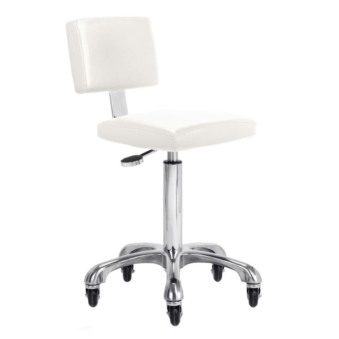 Chaise de coiffure ou esthétique blanche avec roulettes, hauteur ajustable, dossier et assise carré rembourrés