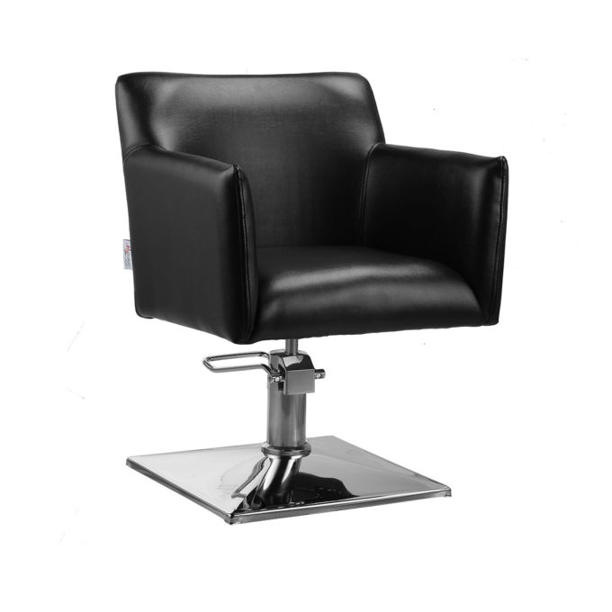 siège de coiffure en similicuir noir, pied carré métal brillant, pompe de réglage hauteur, assise large