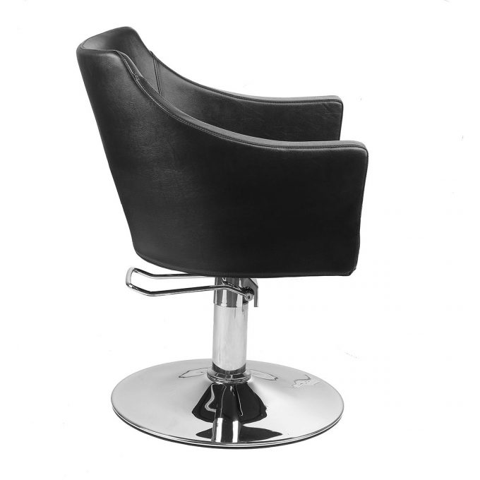 Fauteuil de coiffure noir avec assise large, pied rond métal brillant et pompe pour régler la hauteur