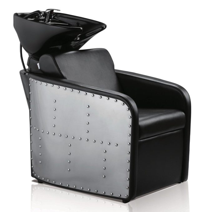 Bac à shampoing noir avec vasque noir, contour en acier clouté et assise en pvc noir