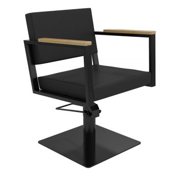 chaise de coiffure style industriel, métal noir et bois massif clair finition en similicuir noir