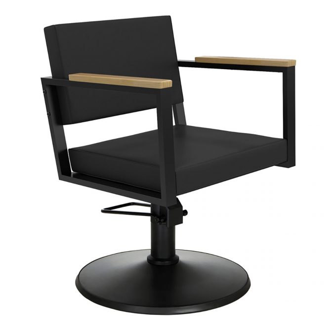 chaise de coiffure style industriel, métal noir et bois massif clair finition en similicuir noir