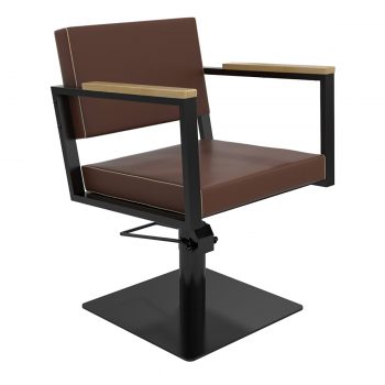 chaise de coiffure style industriel, métal noir et bois massif clair finition en similicuir marron