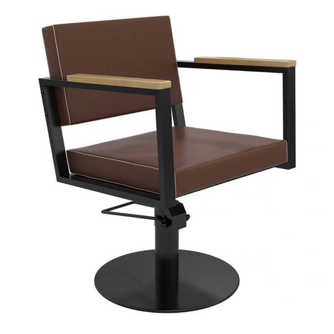 chaise de coiffure style industriel, métal noir et bois massif clair finition en similicuir marron