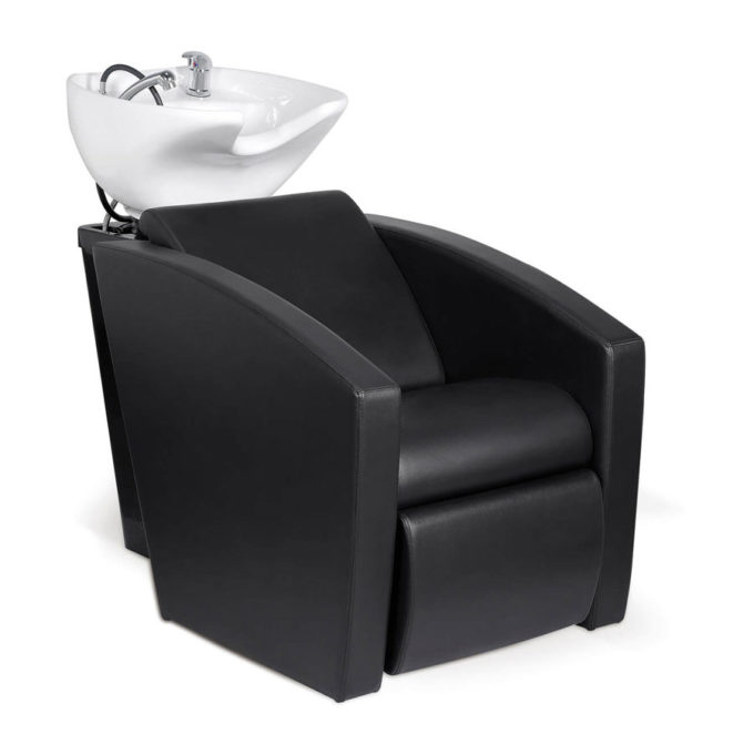 Bac avec évier et douchette, assise en mousse dense habillage noir en PVC.