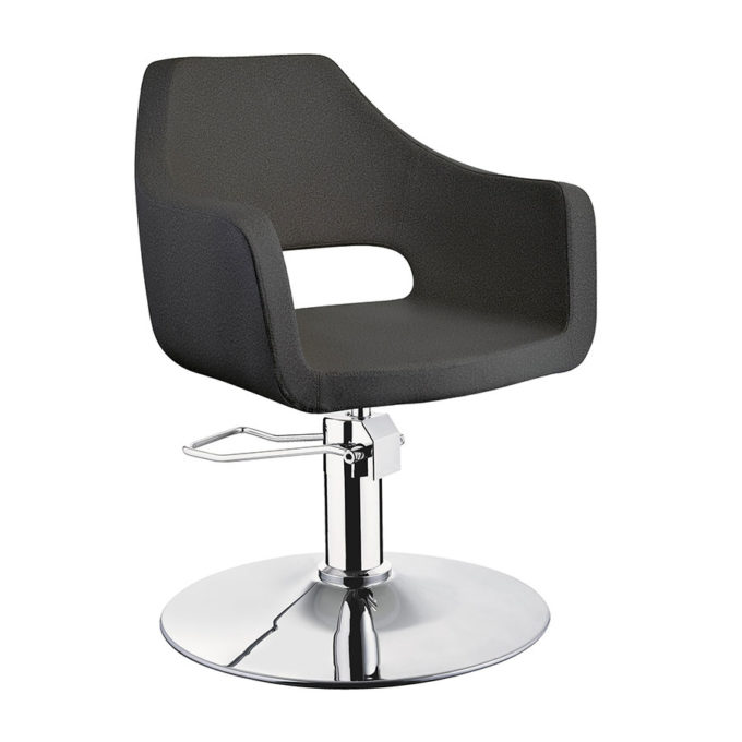 Chaise de coiffure noir avec grand accoudoir et une forme enveloppante, assise confortable