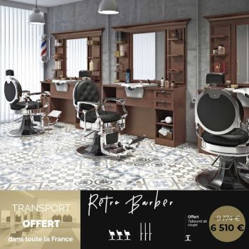 Ensemble barber shop rétro avec postes de barbier bois marrons et fauteuils noirs et chromes