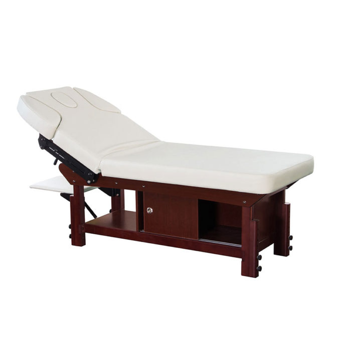 Table de massage avec matelas de 10 cm et coffre de rangement en bois foncé