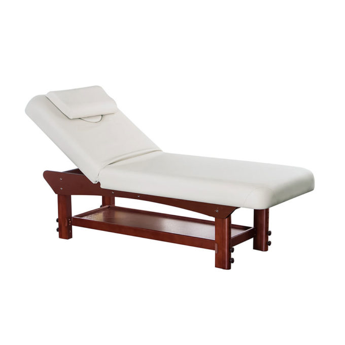 Lit de massage en bois massif et vernis avec matelas blanc 10 cm d'épaisseur et coussin