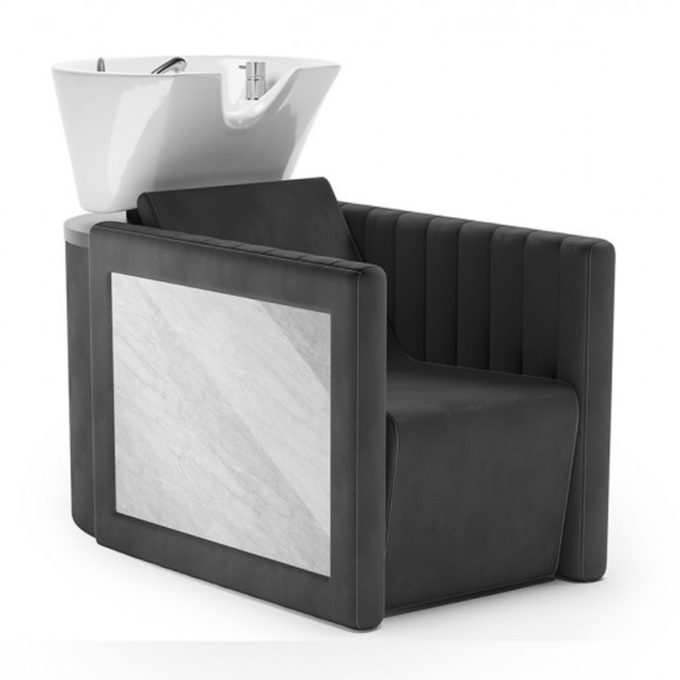 Bac à shampoing effet marbre avec revêtement en similicuir noir, assise confortable et vasque basculante blanche