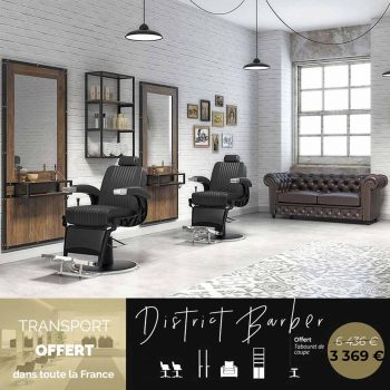 pack de salon de barbier en bois et métal noir avec fauteuil vintage, chesterfield d'attente