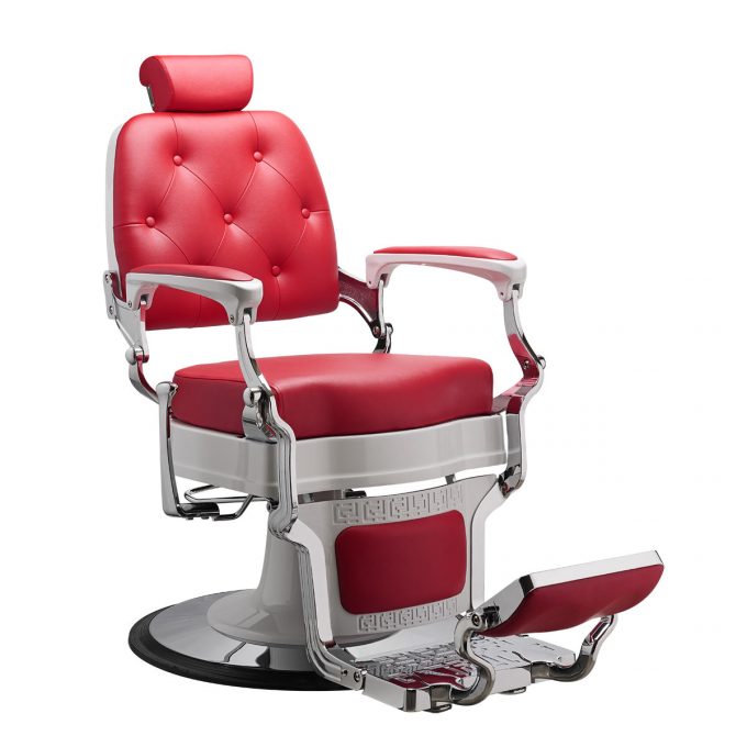 siège de barbier pour salon de coiffure avec repose tête et pieds finition blanc laquée et rouge carmin