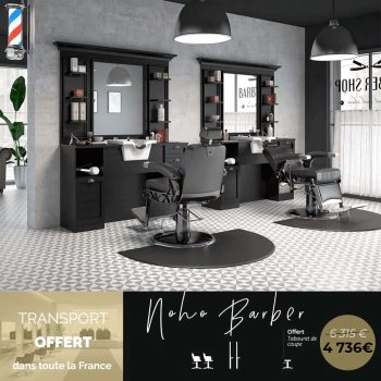 pack de salon de barbier en bois et métal noir avec fauteuil vintage, chesterfield d'attente