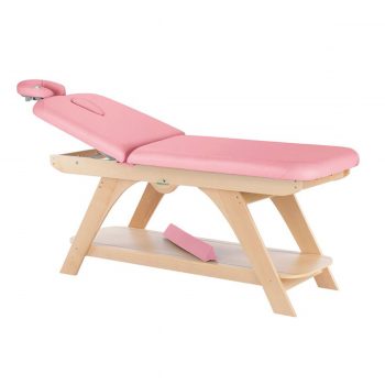 table de massage rose Ecopostural avec structure en bois naturel, coussin dorsal, 2 plans