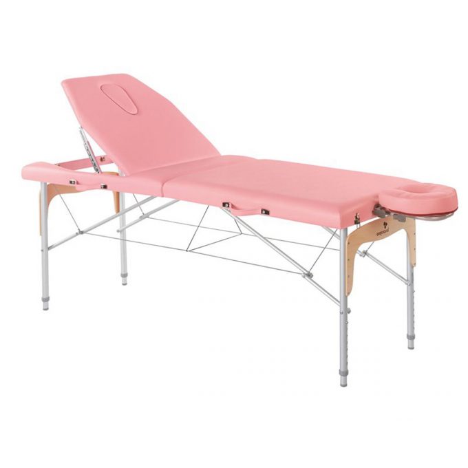 table de massage ecopostural rose pliante en aluminium et bois avec têtière à cavité