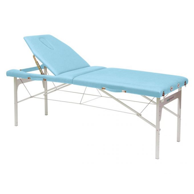 table de massage bleu ciel pliante avec pieds et structure en aluminium légère