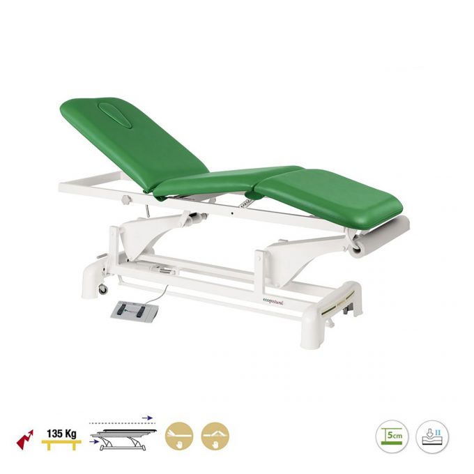 table Ecopostural verte de massage 3 plans avec moteur pour régler la hauteur, dossier et assise inclinable
