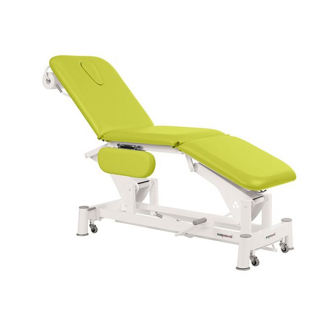 table de massage à 3 plans à bielle ecopotural avec dossier, assise et plateau pied inclinables réglage hydraulique et accoudoirs rabattables