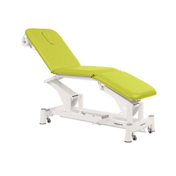 table de massage à 3 plans à bielle ecopotural avec dossier, assise et plateau pied inclinables réglage hydraulique