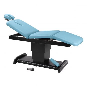 table de massage Ecopostural, 3 plans, piètement central électrique, dossier et assise inclinables, base en wengé finition en couleur bleu ciel