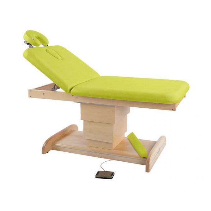 Table de massage et spa, 2 plans, ecopostural avec piètement central réglable en hauteur par moteur électrique en bois naturel